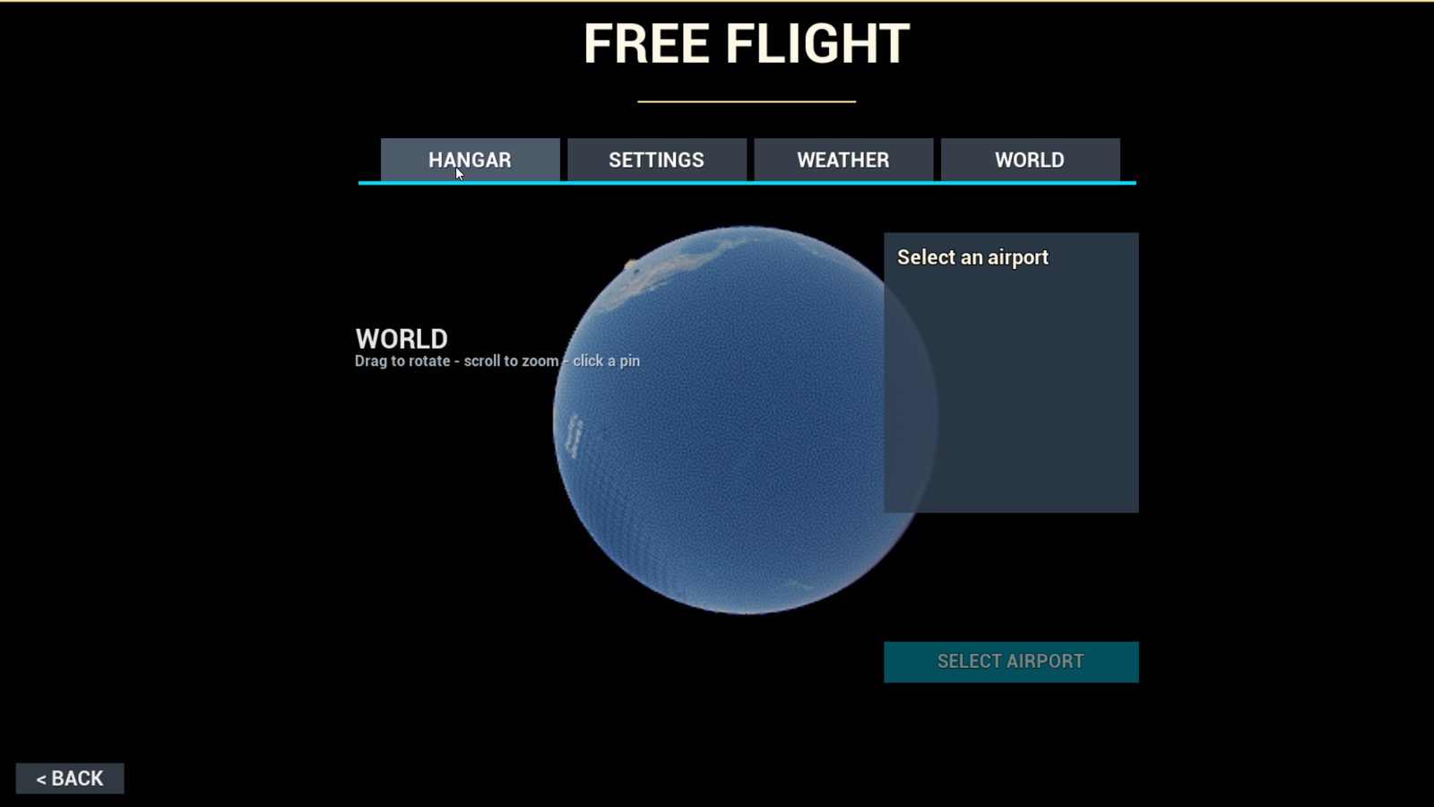 Free Flight menu screen showing a globe with airport selection and Hangar, Settings, Weather, World tabs
