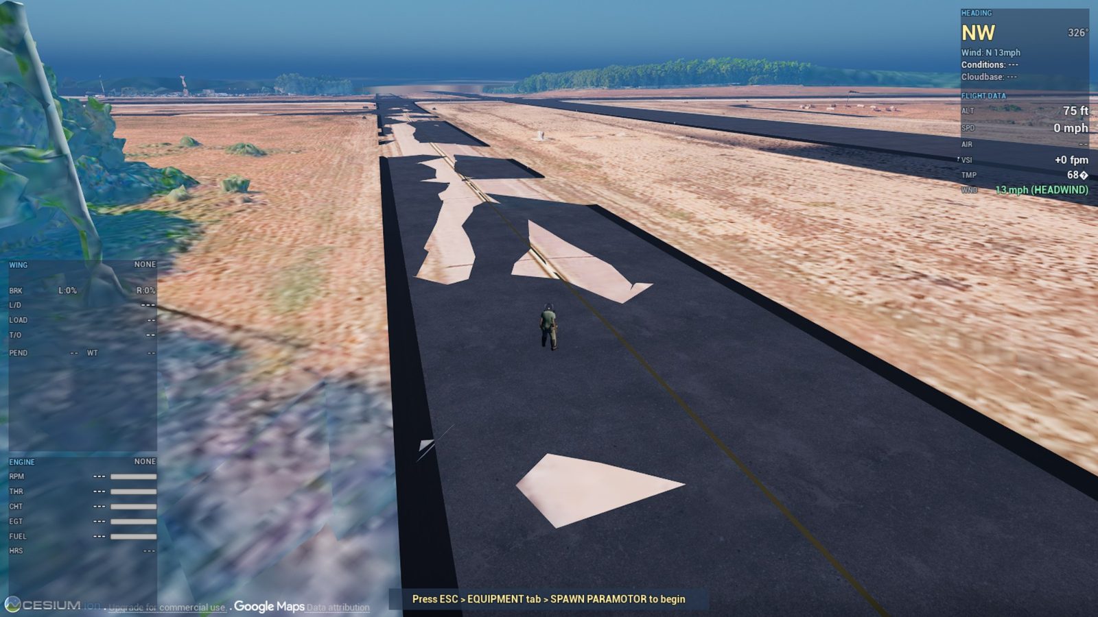 Pilot standing on a coastal runway with the live flight HUD visible — heading, wind, altitude and variometer