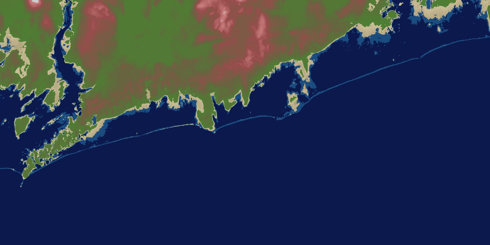 Stylized terrain map of the Westerly, Rhode Island coastline used for the first flyable area